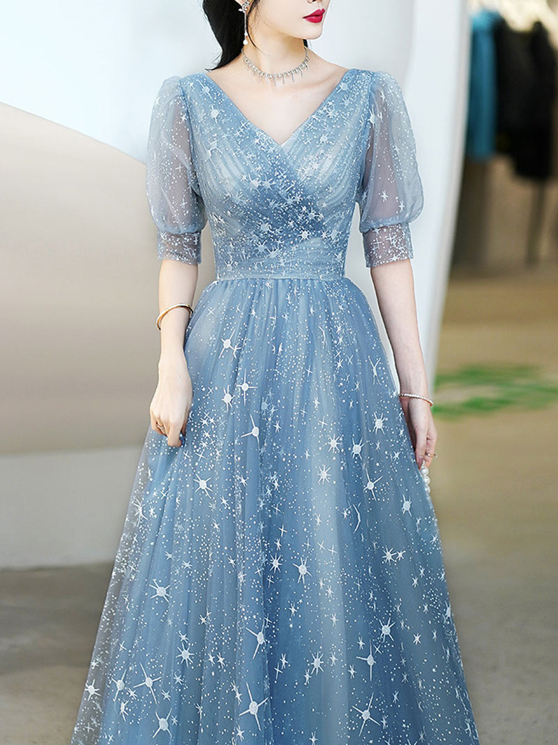 Simple V Neck Tulle Star Blue Long Prom Dress, Blue Formal Bridesmaid – shopluu