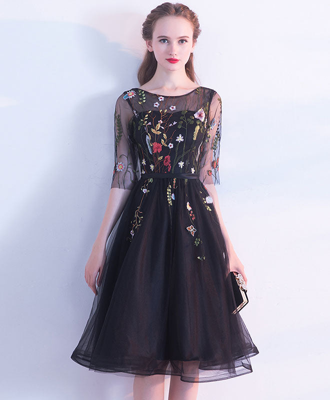 Cute Black Lace Short Prom Dress, Black Evening Dress – shopluu