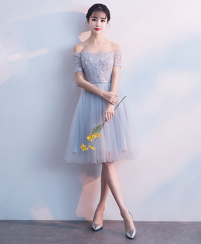 Cute Gray Tulle Lace Short Prom Dress Gray Tulle Homecoming Dress