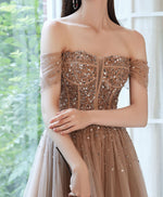 Champagne Tulle Sequin Beads Long Prom Dress Tulle Formal Dress