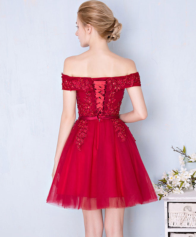 Burgundy Lace Tulle Short Prom Dress, Burgundy Lace Homecoming Dresses