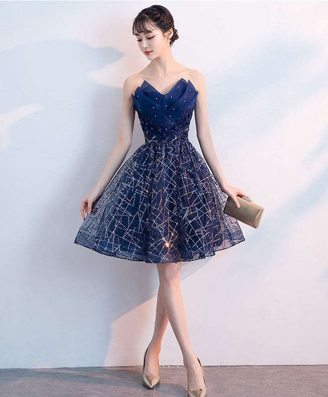 short blue formal dresses Dark V Neck Tulle Sequin Prom Dress, Blue Homecoming Dress – shopluu Pearls4