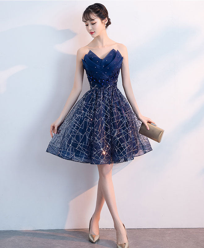 Dark Blue V Neck Tulle Sequin Short Prom Dress, Blue Homecoming Dress ...