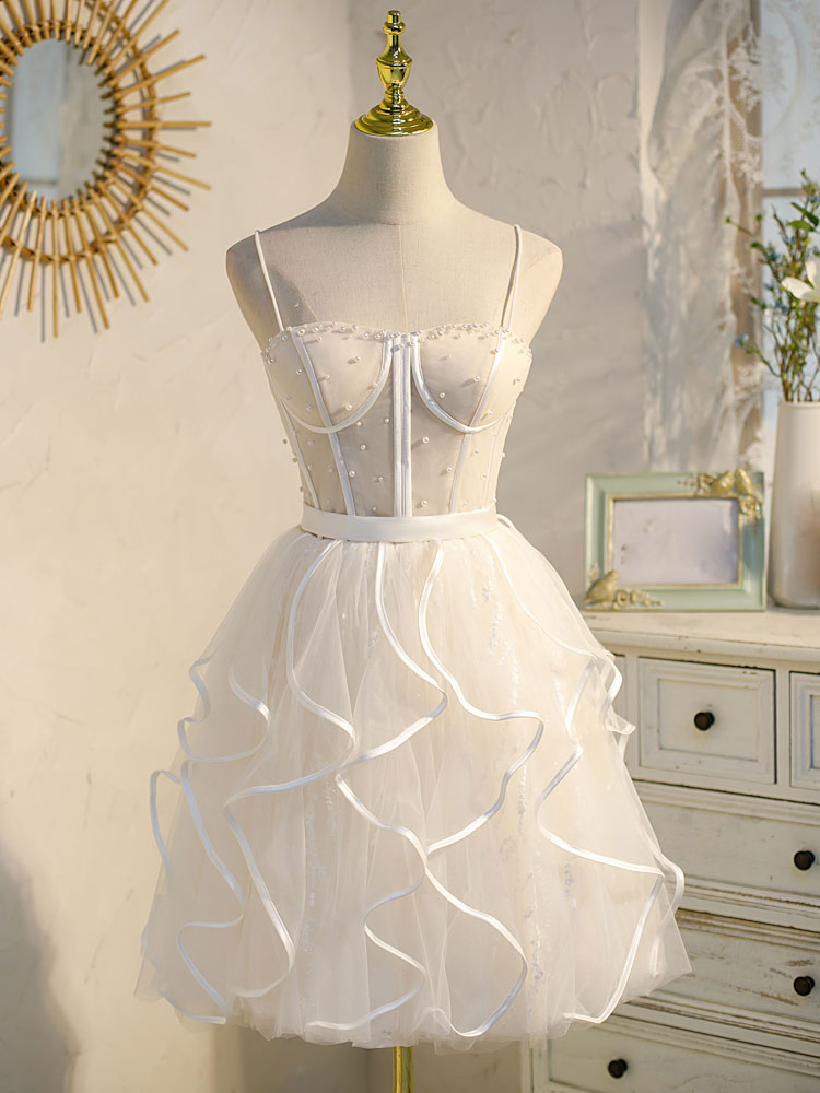 Beige Tulle Short Prom Dress, Mini/Short Beige Homecoming Dresses