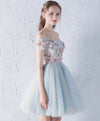 Gray Blue Tulle Lace Applique Short Prom Dress, Homecoming Dress