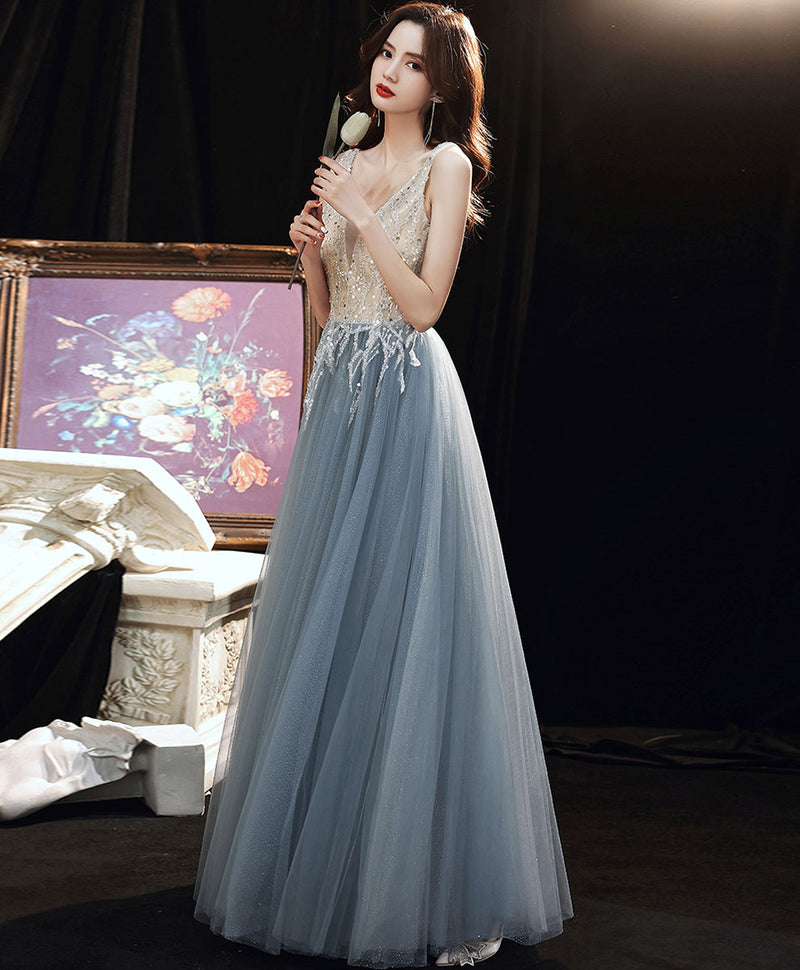 Gray Blue Tulle V Neck Sequin Long Prom Dress Blue Formal Evening Dress