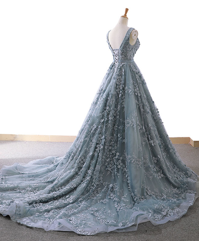 Gray Blue Tulle Lace Long Prom Dress Gray Blue Lace Evening Dress
