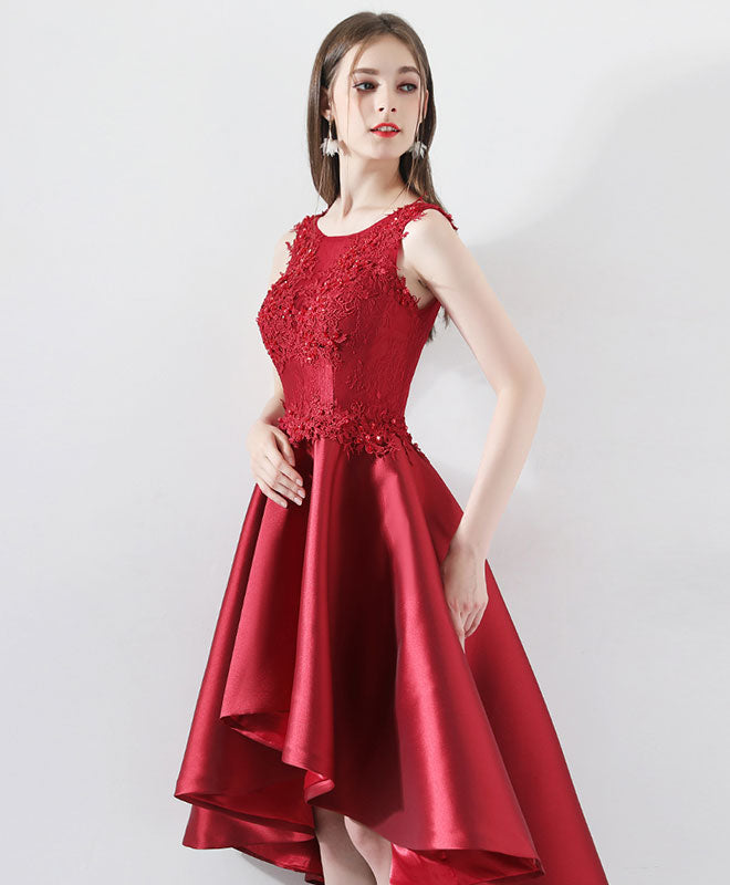 Burgundy Round Neck Lace Prom Dress, Burgundy Bridesmaid Dress