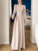 Simple Champagne A line Long Prom Dress, Champagne Bridesmaid Dresses