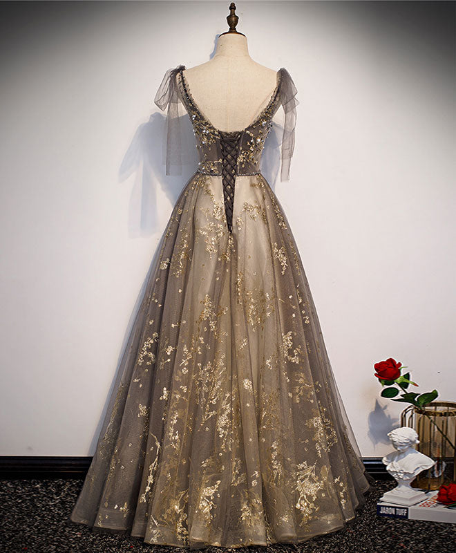 Elegant V Neck Gray Gold Tulle Lace Long Prom Dress Tulle Formal Dress