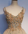 Champagne V Neck Tulle Sequin Beads Long Prom Dress Tulle Formal Dress