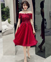 Burgundy Lace Off Shoulder Short Prom Dress, Burgundy Homecoming Dress