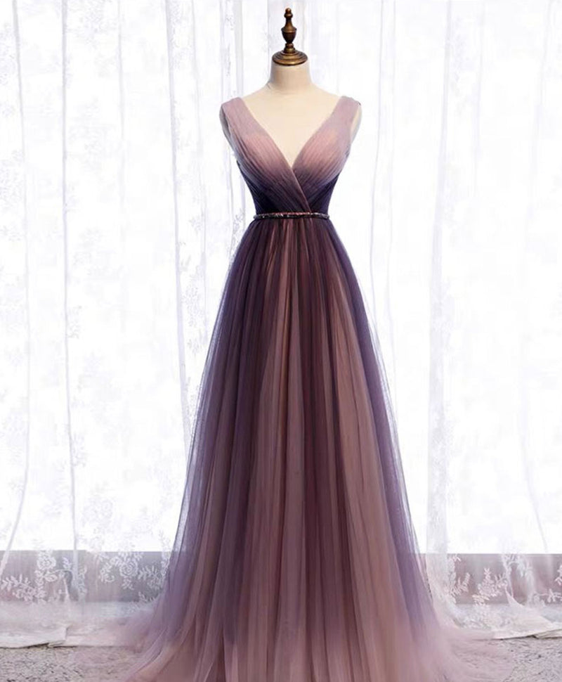 Simple V Neck Tulle Long Prom Dress Tulle Evening Dress – shopluu