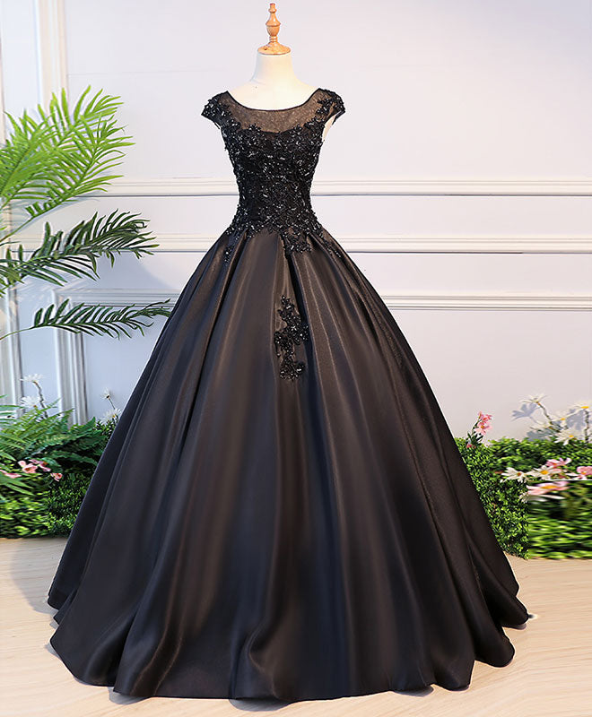 Black Round Neck Lace Long Prom Dress, Black Evening Dress – shopluu