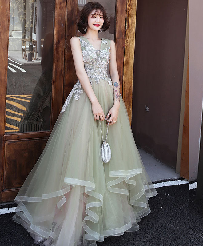 Green V Neck Tulle Lace Long Prom Dress, Green Formal Dress