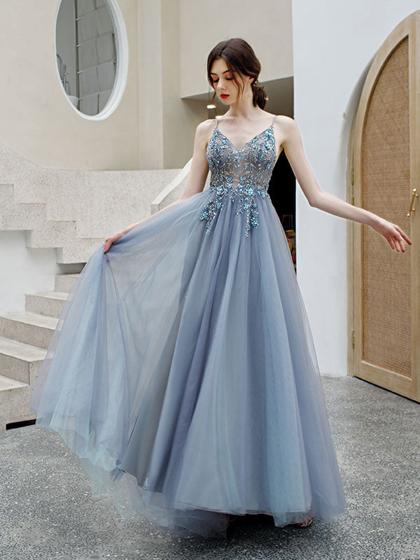 Gray blue v neck tulle beads long prom dress, gray tulle formal dress – shopluu