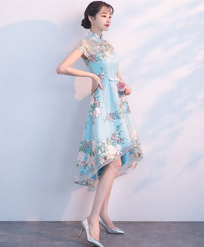 A-Line Blue Tulle Embroidery Short Prom Dress, Blue Evening Dress