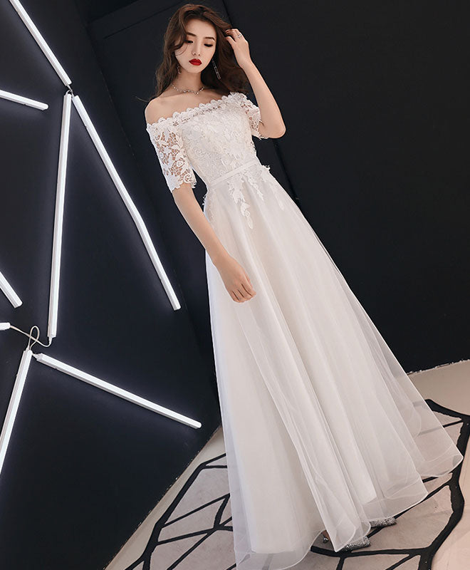 White Lace Tulle Long Prom Dress, White Tulle Lace Bridesmaid Dress