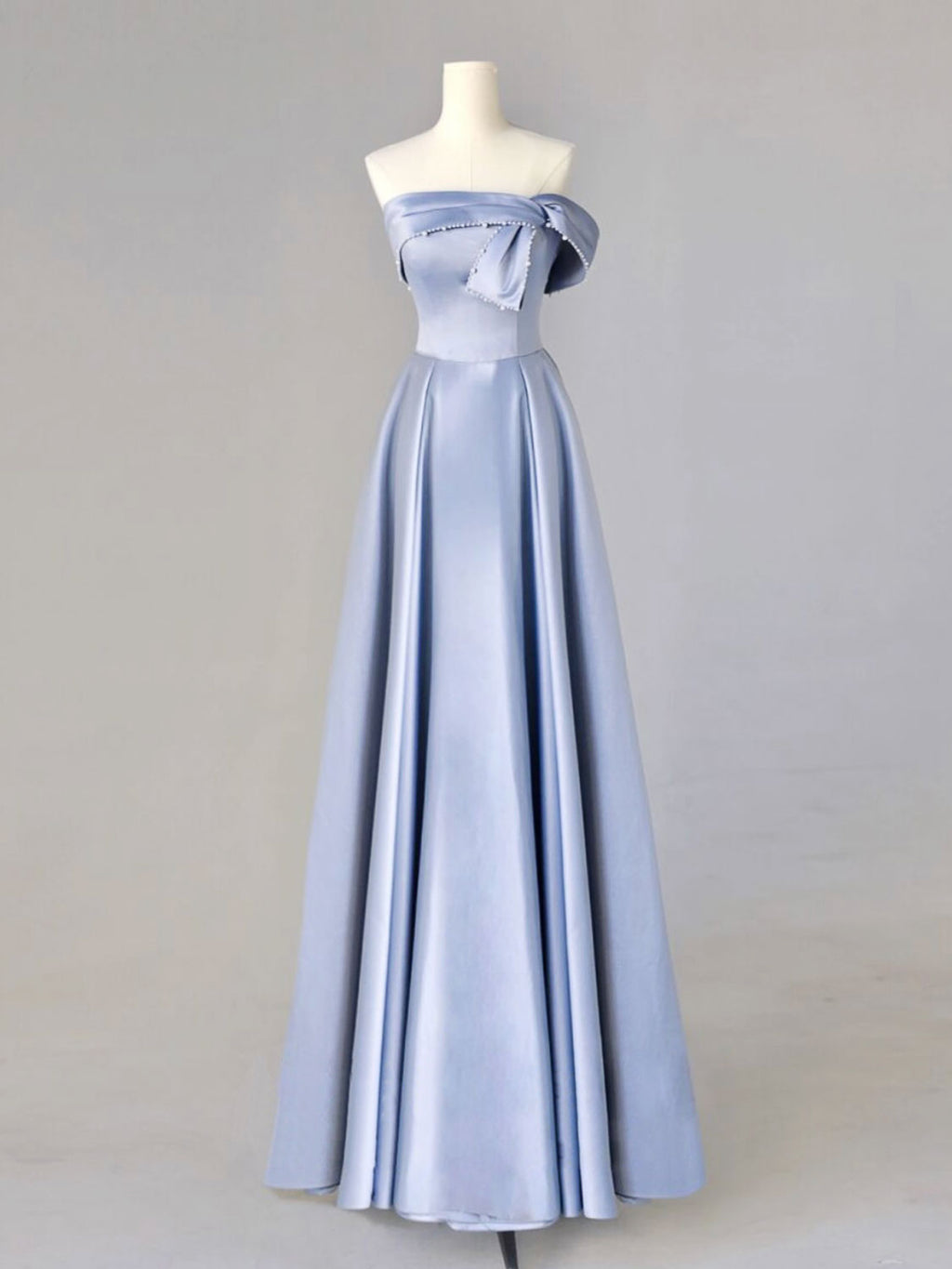 A-Line Blue Satin Long Prom Dresses, Blue Formal Evening Dresses