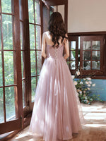 Pink A line Tulle Lace Applique Long Prom Dress, Pink Evening Dresses