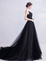 Black V Neck Tulle Lace Long Prom Dress, Black Evening Dress
