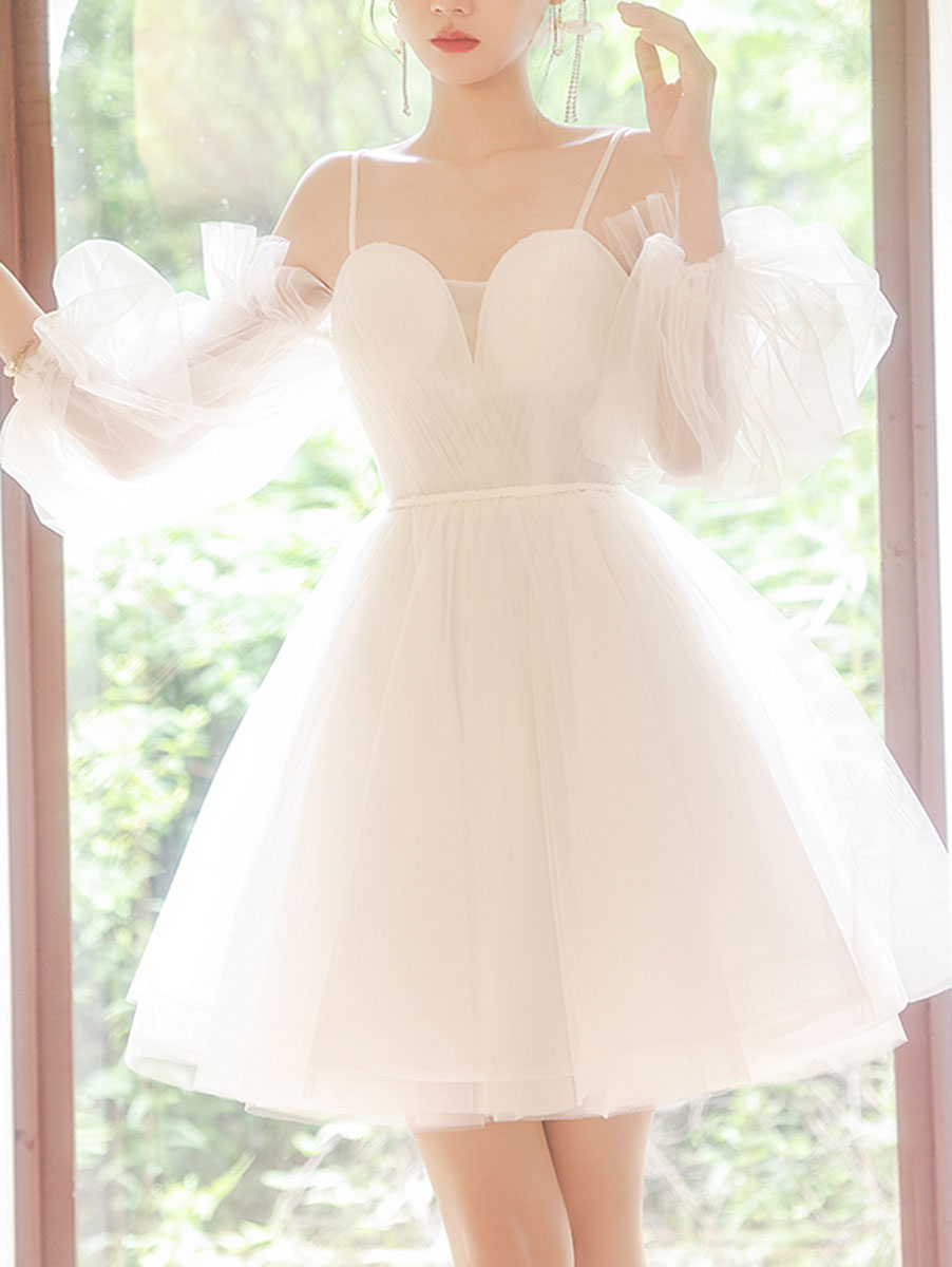White Sweetheart Neck Tulle Short Prom Dress, Cute White Homecoming Dresses