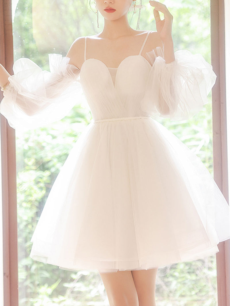 White Sweetheart Neck Tulle Short Prom Dress, Cute White Homecoming Dresses