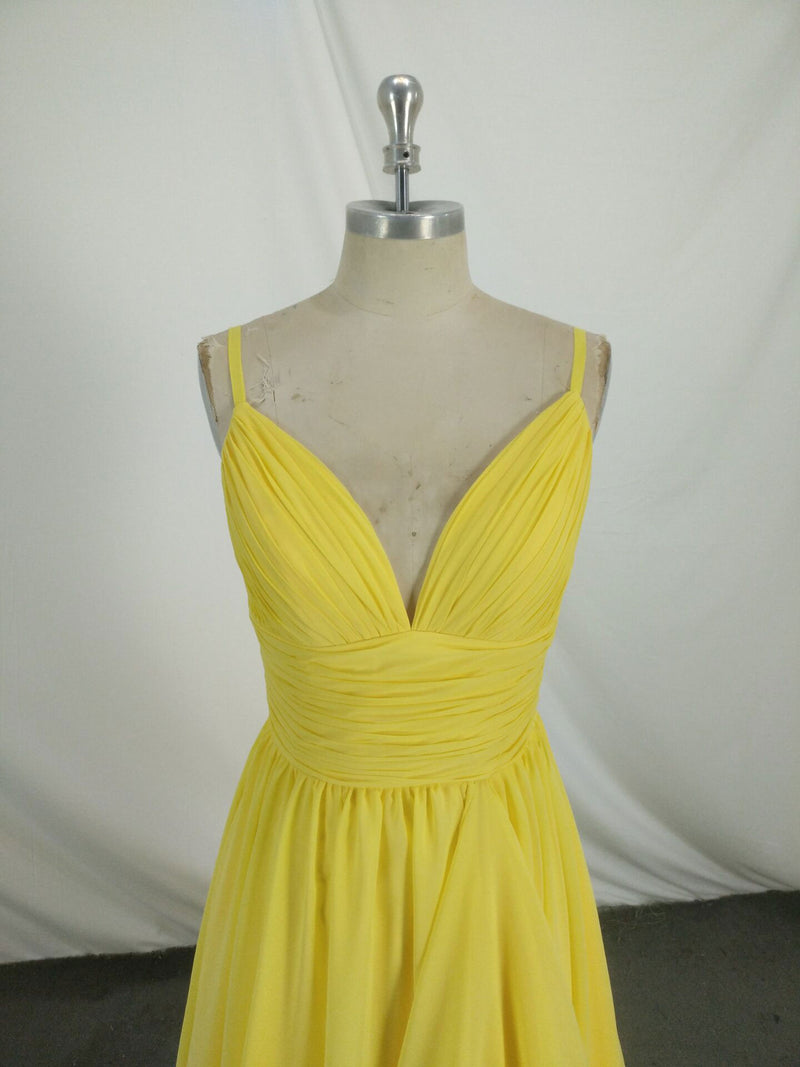 Simple V Neck Yellow Chiffon Long Prom Dress, Yellow Evening Dress