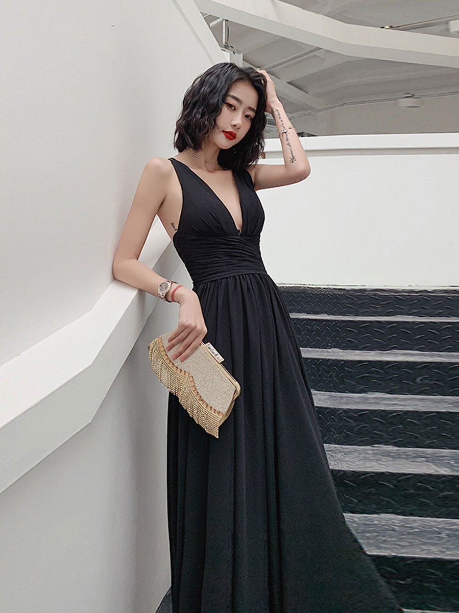 Simple V Neck Chiffon Black Long Prom Dress, Black Evening Dresses