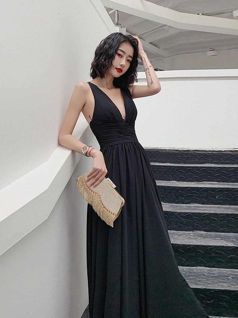 Simple V Neck Chiffon Black Long Prom Dress, Black Evening Dresses shopluu Simple V Neck Chiffon Black Long Prom Dress, Black Evening Dresses shopluu