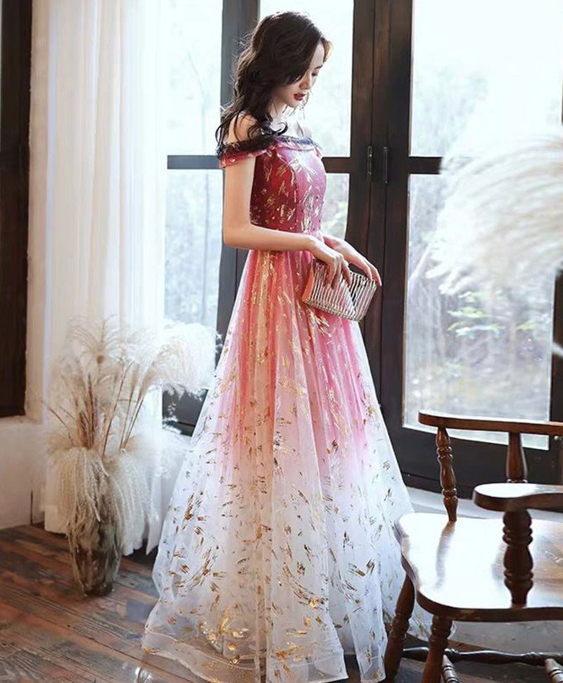 Burgundy Tulle Off Shoulder Lace Long Prom Dress Tulle Formal Dress