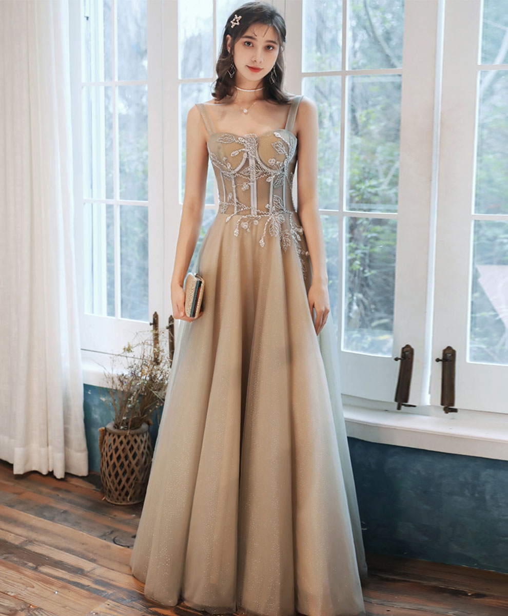 Simple Aline Champagne Long Prom Dress, Champagne Formal Graduation Dress