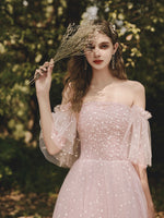 Aline Pink Tulle Long Prom Dresses, Pink Off Shoulder Formal Graduation Dresses
