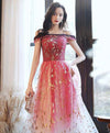 Burgundy Tulle Off Shoulder Lace Long Prom Dress Tulle Formal Dress