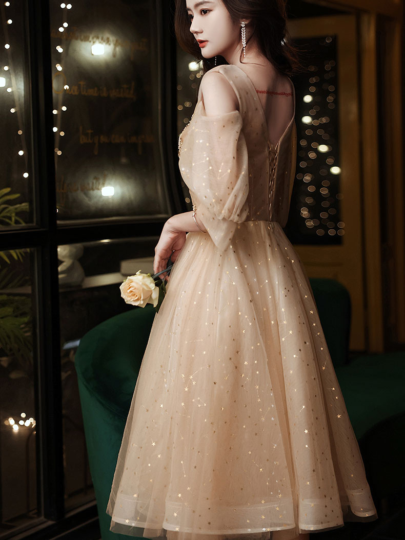 Champagne V Neck Tulle Lace Short Prom Dress, Champagne Homecoming Dress