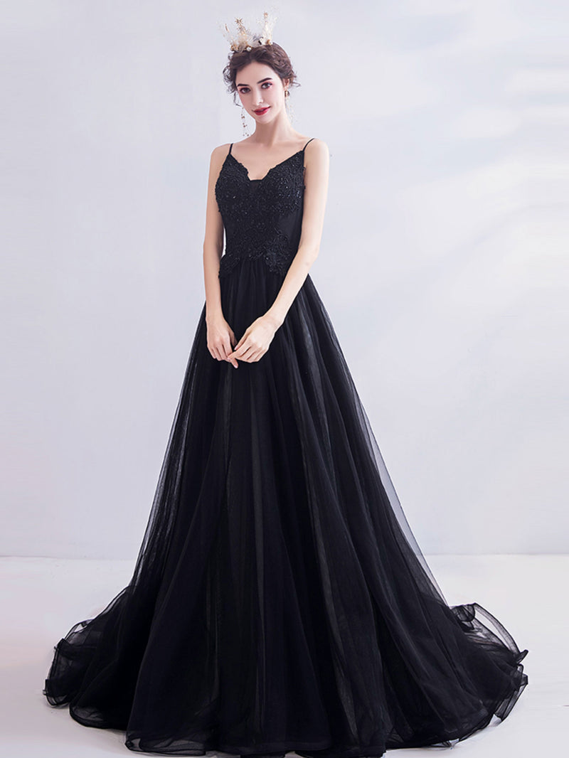 Black V Neck Tulle Lace Long Prom Dress, Black Evening Dress