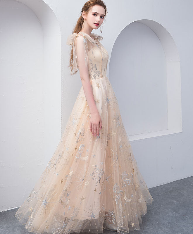 Champagne Tulle V Neck Long Prom Dress, Champagne Tulle Evening Dress
