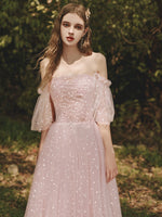 Aline Pink Tulle Long Prom Dresses, Pink Off Shoulder Formal Graduation Dresses