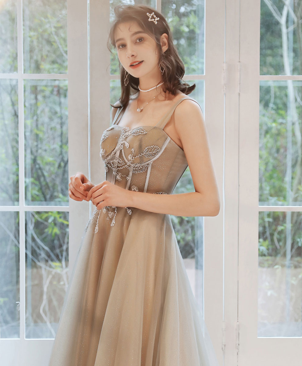 Simple Aline Champagne Long Prom Dress, Champagne Formal Graduation Dress