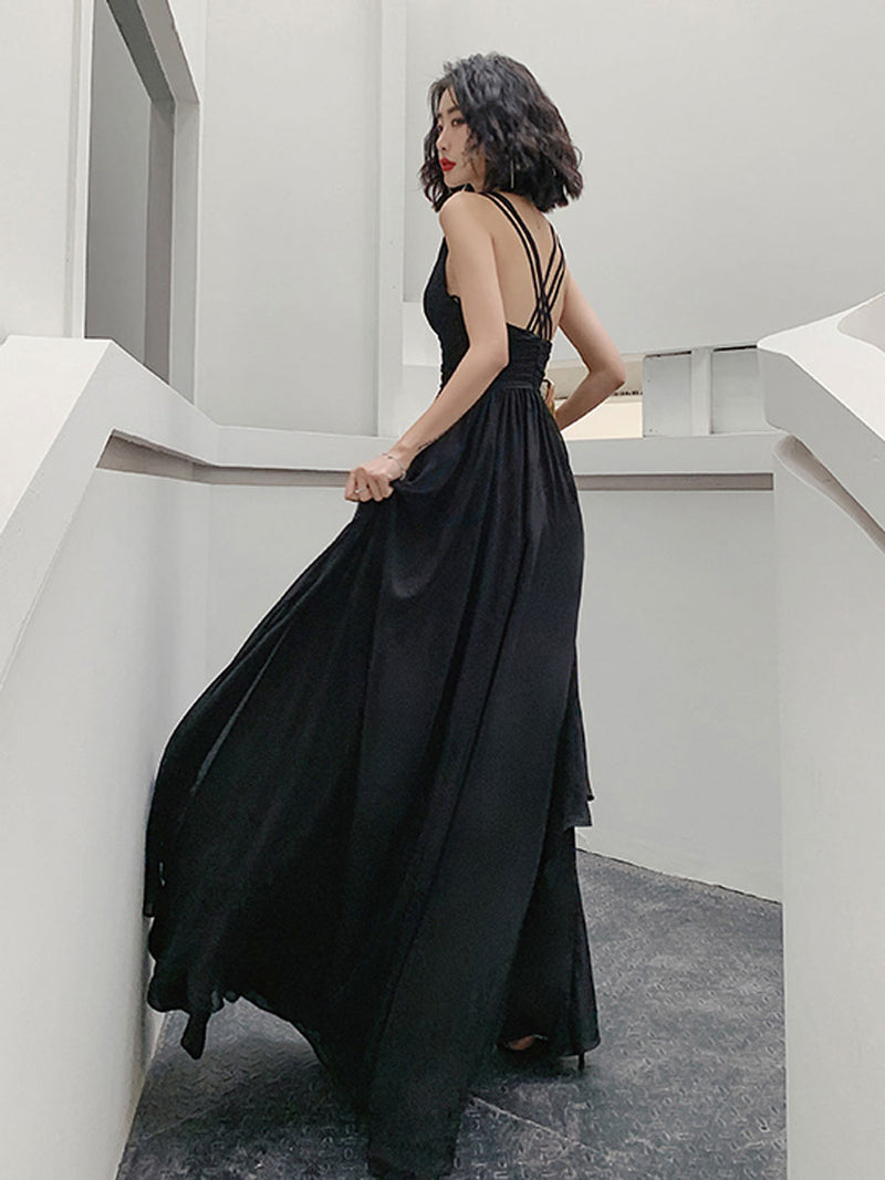 Simple V Neck Chiffon Black Long Prom Dress, Black Evening Dresses US 12 / Black Simple V Neck Chiffon Black Long Prom Dress, Black Evening Dresses US 12 / Black