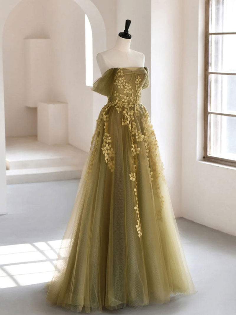 A-Line Off Shoulder Tulle Lace Long Prom Dress, Green Tulle Formal Evening Dress