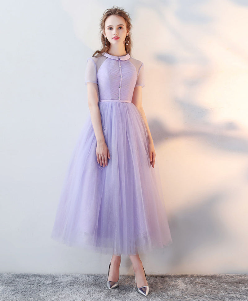 Cute V Neck Purple Lace Short Prom Dresses, Lilac Lace Homecoming