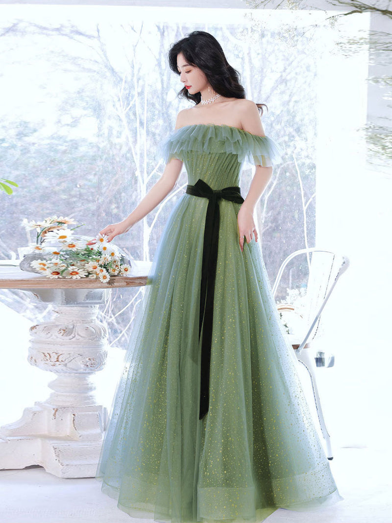 A line Green Long Prom Dresses, Green Tulle Formal Graduation Party Dress