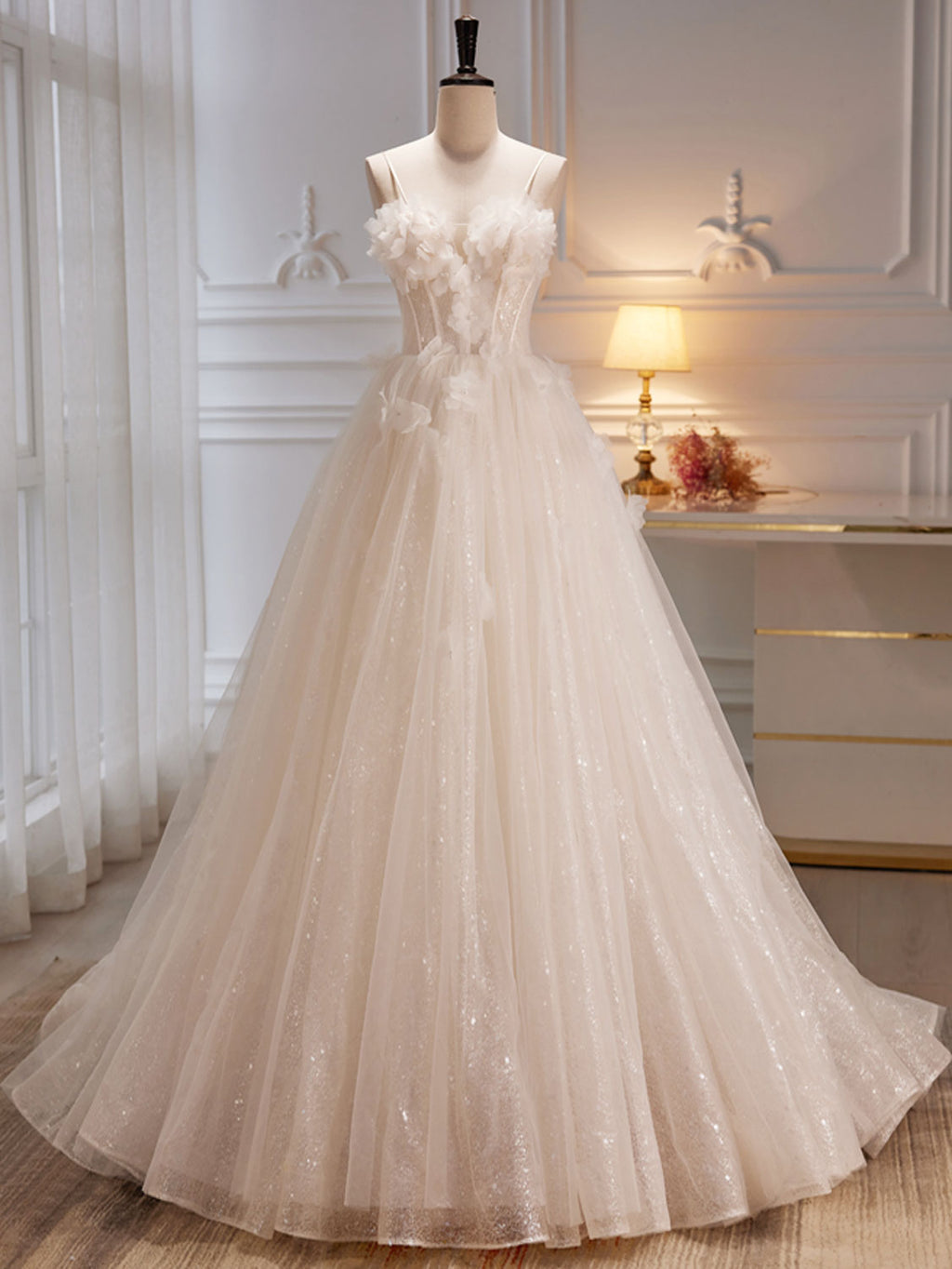 A-Line Tulle Flower Light Champagne Long Prom Dresses, Shiny Formal Dresses