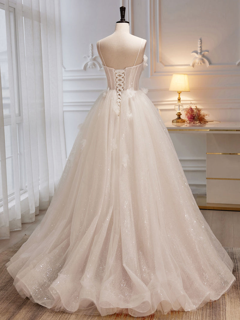 A-Line Tulle Flower Light Champagne Long Prom Dresses