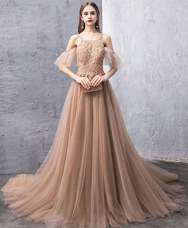 Champagne Tulle Lace Long Prom Dress, Champagne Lace Evening Dress
