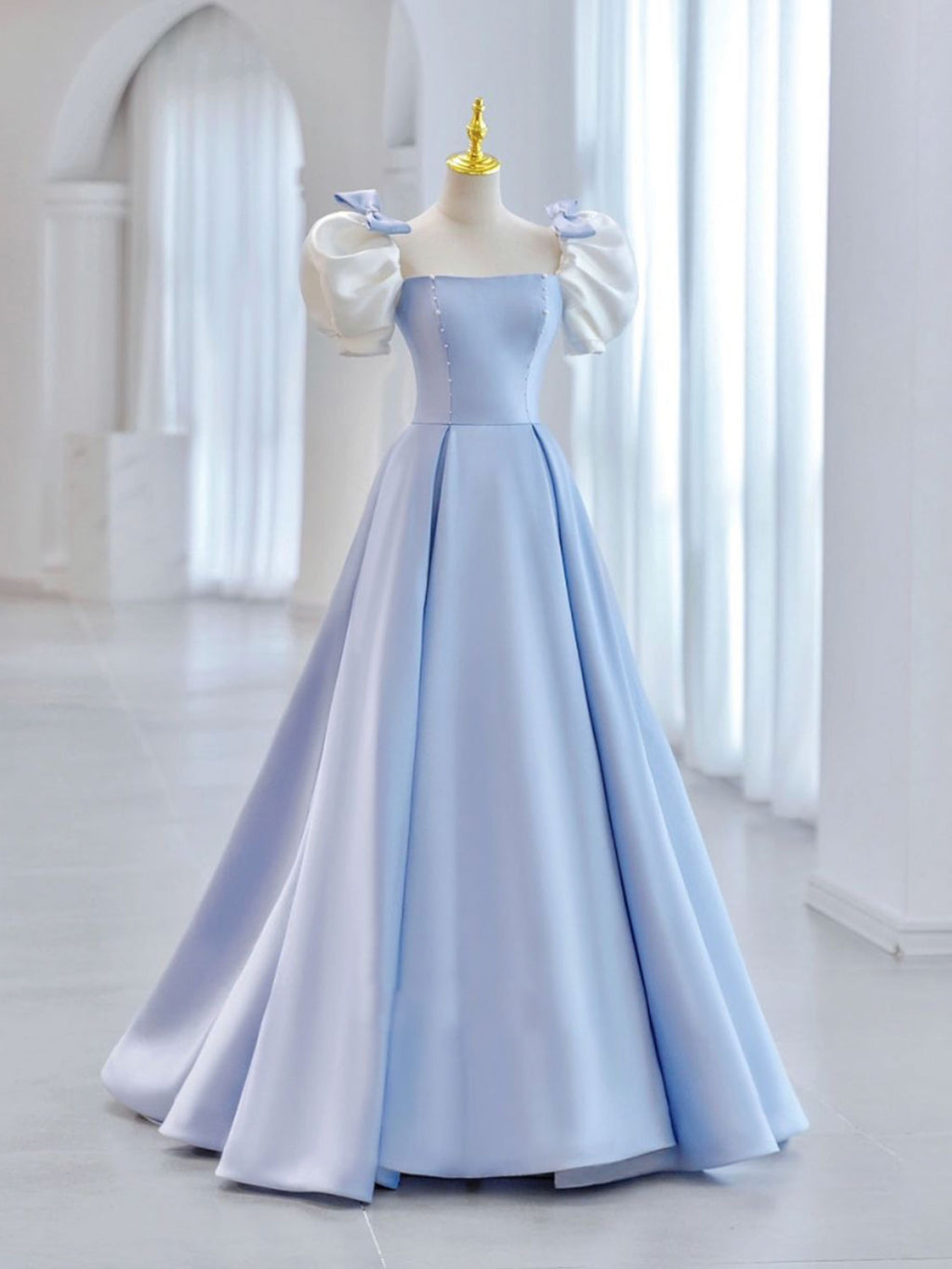 Blue A-Line Satin Long Prom Dresses, Blue Satin Formal Evening Dress
