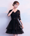 Black V Neck Lace Tulle Short Prom Dress, Black Homecoming Dress