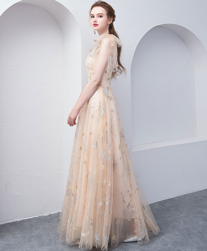 Champagne Tulle V Neck Long Prom Dress, Champagne Tulle Evening Dress