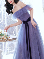 Purple A line Tulle Long Prom Dresses, Off Shoulder Formal Gown Graduation Dresses